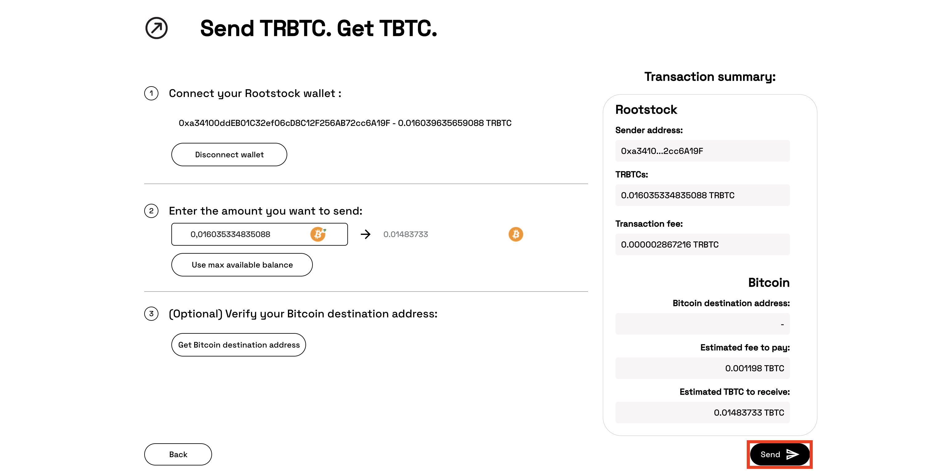 Click to send pegout transaction